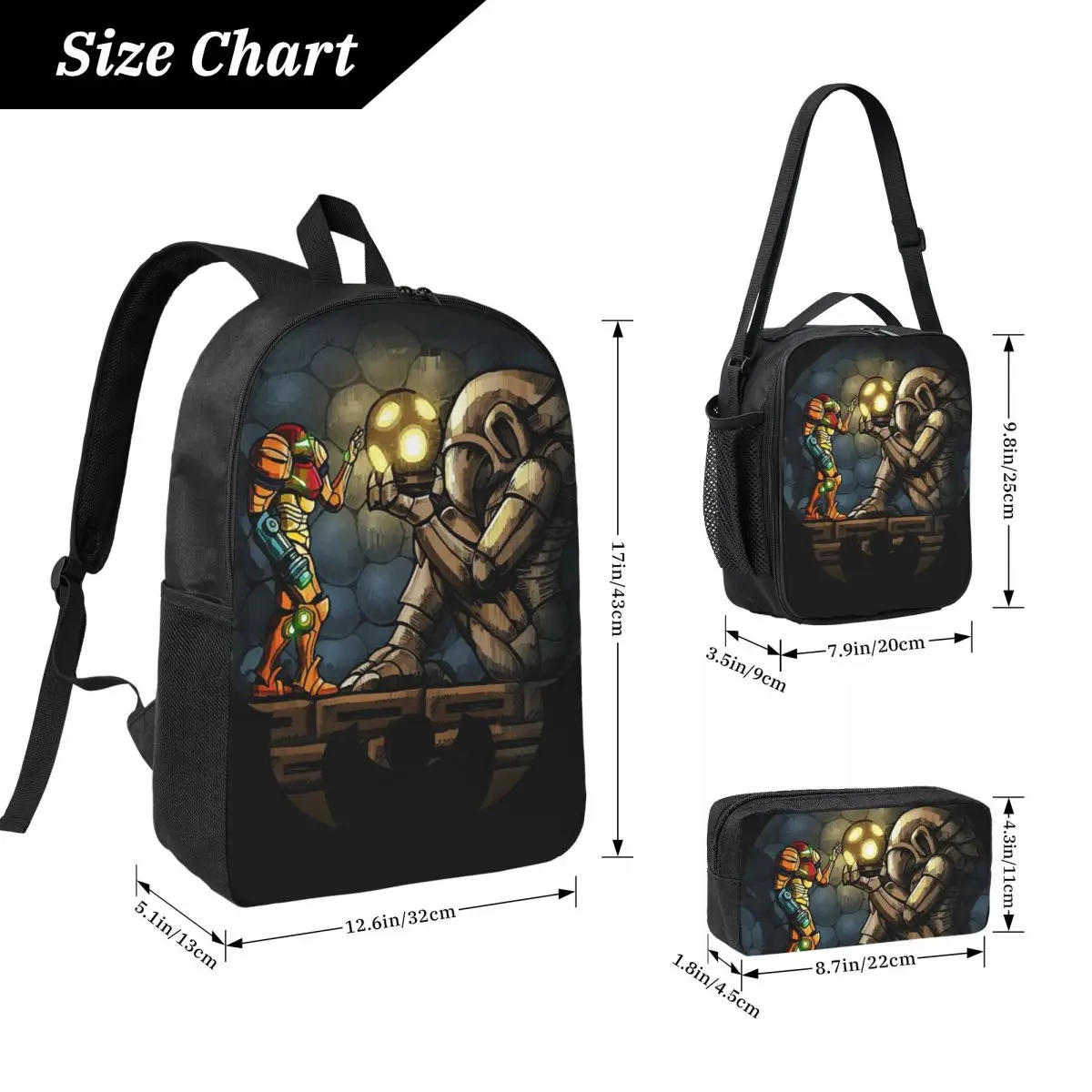 The First Chozo Metroid Samus Aran Backpack Boys Girls BookBag School Bag Shoulder Bags 3ps Insulated Lunch Bag Pencil Case