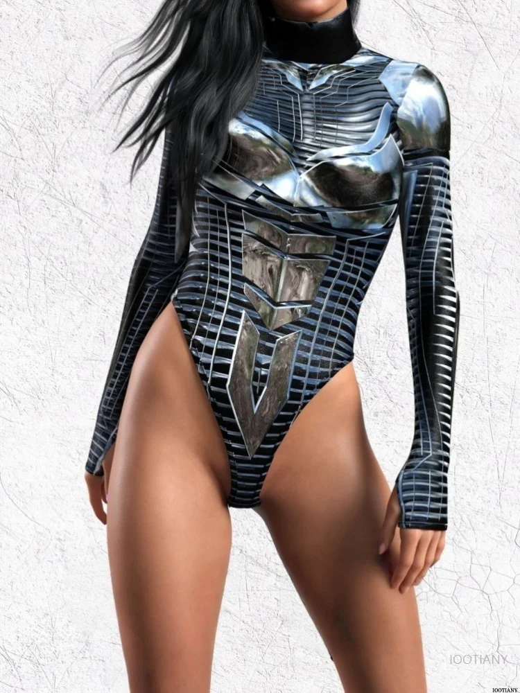 女性のクールなパンクボディスーツハロウィンゴシック電子テックプリント水着レイブパーティーコスプレ全身タイツ衣装カーニバルボディスーツ