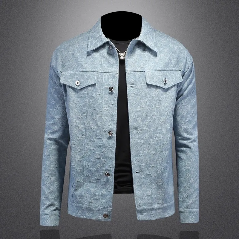 Men's Slim Fit Casual Denim Jacket Autumn Plaid Embossed Collar Trendy Youth Fashionable Outerwear