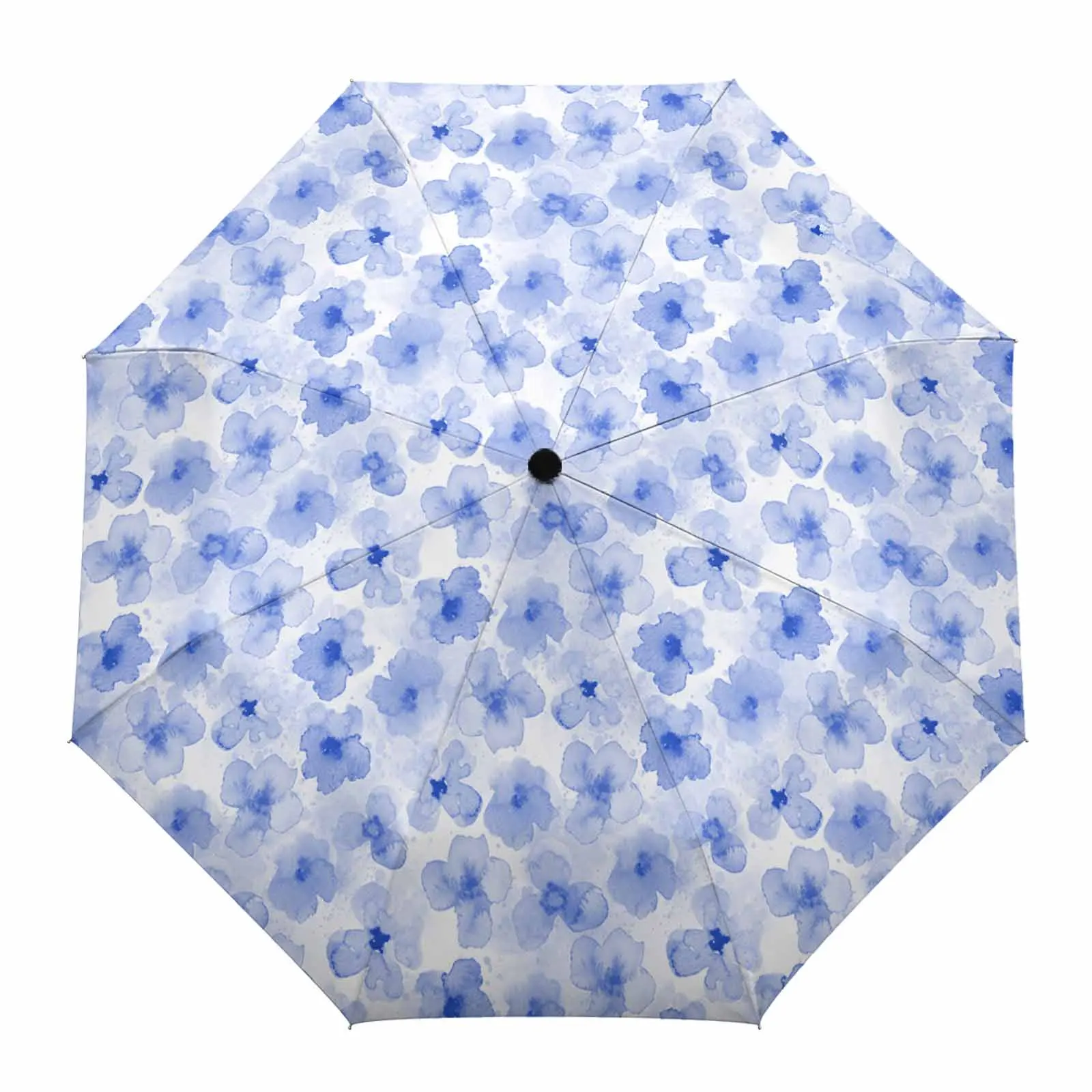 Blue Watercolor Floral Texture Flower Automatic Umbrella for Rain Foldable Parasol Umbrella Eight strand Outdoor Umbrellas