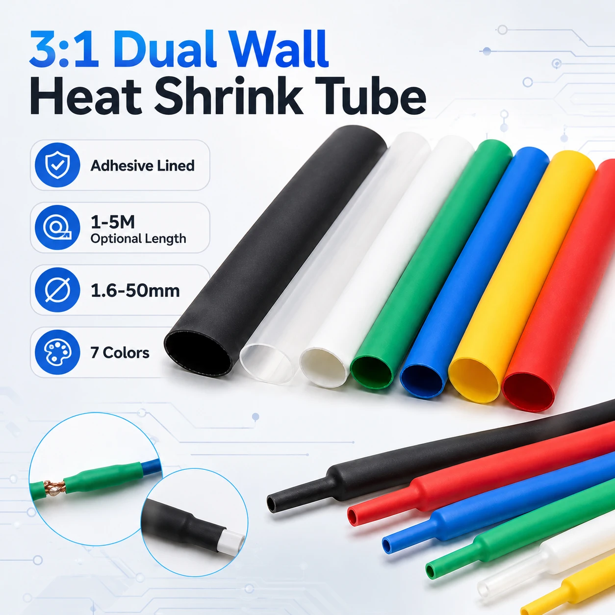 1-5M 3:1 Dual Wall Heat Shrink Tube 1.6-50mm, Adhesive Lined Waterproof Shrinkable Tubing Wire Wrap Cable Sleeve Kit