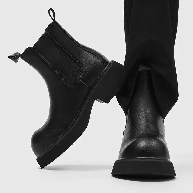 Men Chunky Platform Chelsea Boots Black Matte Upper Round Toe Elastic Side Slip On Lug Sole Streetwear Ankle Boots