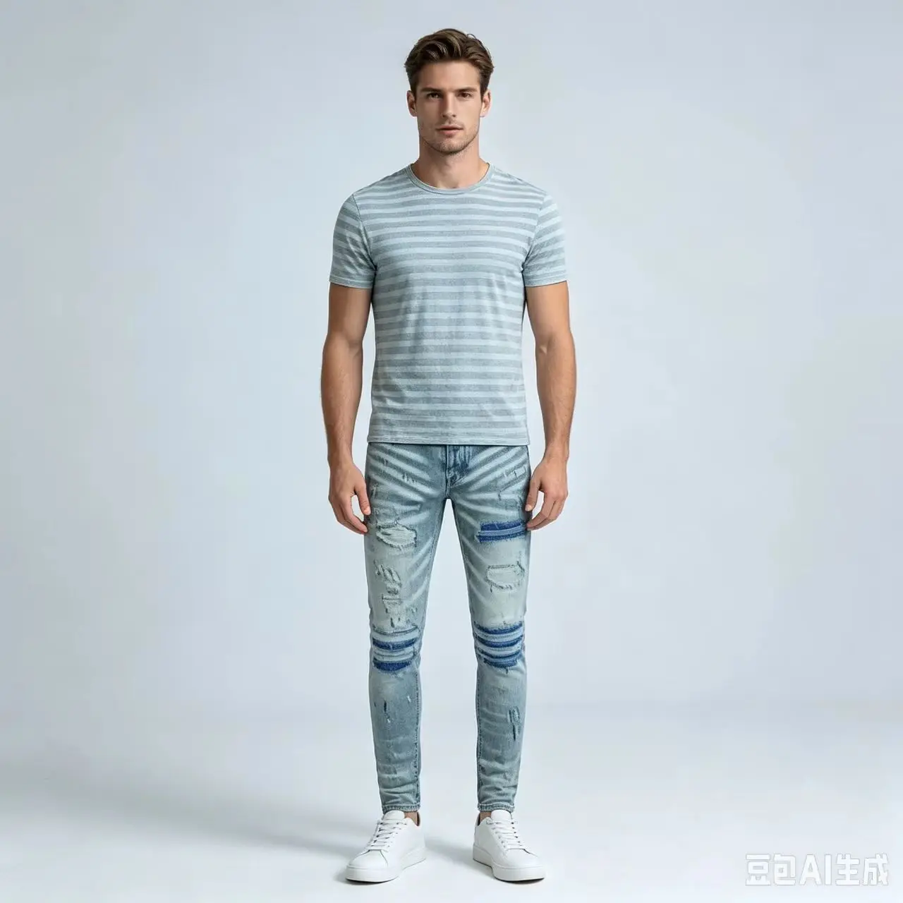 Men's Blue High-Quality Stretch Slim Fit Jeans Y2K Retro Washed Ripped Patch Painted Pleated Hip-Hop Designer