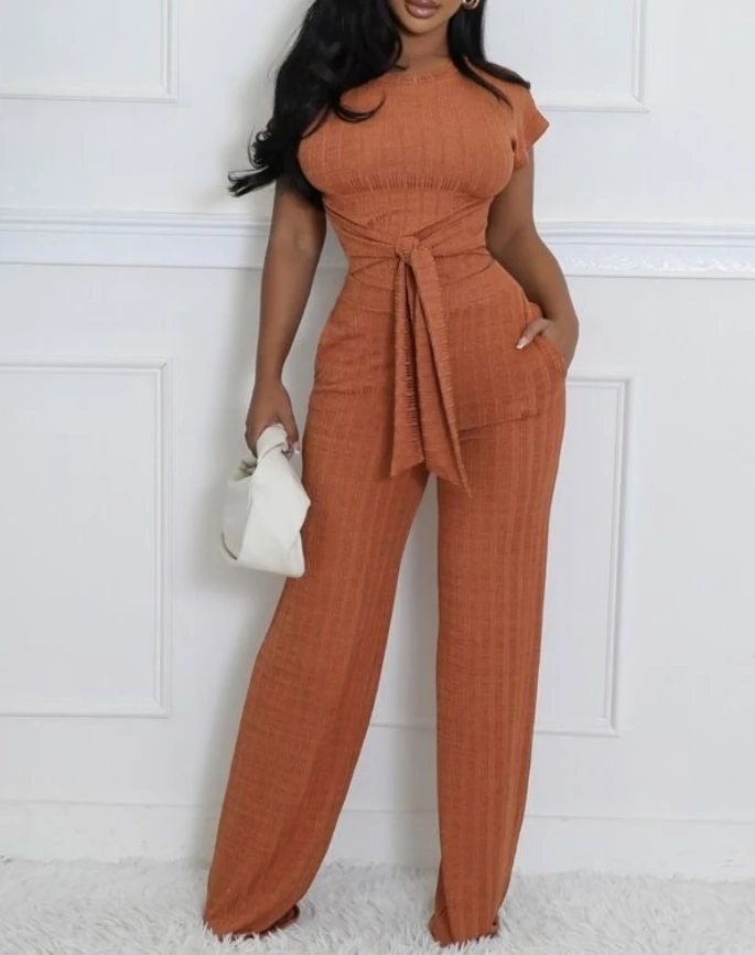 

Two Piece Set Women Outfit 2025 New Round Neck Short Sleeve Tied Detail Crop Top & Loose Fit Ribbed Pocket Design Pants Sets