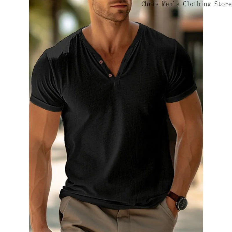 Summer Fashion Simple Solid Color Men's V-neck T-shirt, Beach Holiday Casual Men's Pullover T-shirt Top, Soft Fitness Sports Top