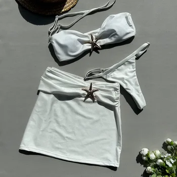 3 조각 비키니 세트 Bandeau 비키니 2024 섹시한 여성 수영복 반짝 이는 치마 여성 수영복 StarfishBathing Suit Beachwear Cover Ups