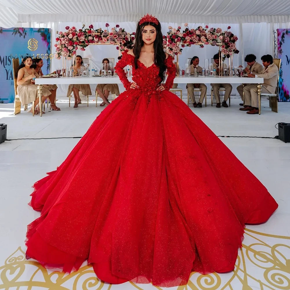 

Red 3D Flowers Appliques Lace Ball Gown Quinceanera Dresses Off The Shoulder Long Sleeve Corset Sweet 16 Vestidos De XV Años