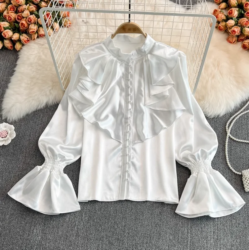 Vintage Flare Sleeve Women Blouse Sand Collar Ruffles Tops 2025 Spring Single breasted Solid Color Office Lady White Shirt