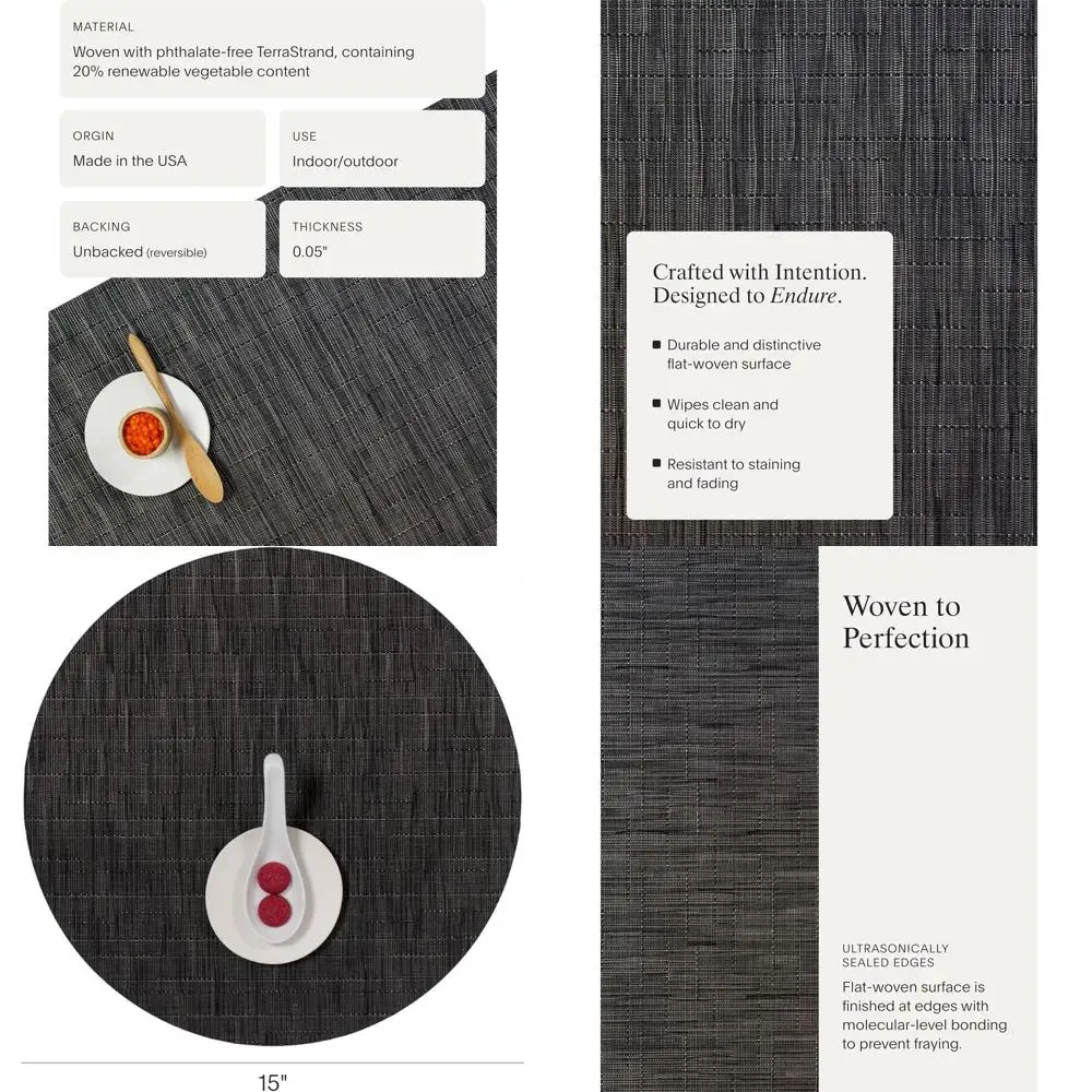 

Set of 4 Round Woven Bamboo Placemats - Reusable, Stain-Resistant for Indoor/Outdoor Use, 15 Diameter - Smoke