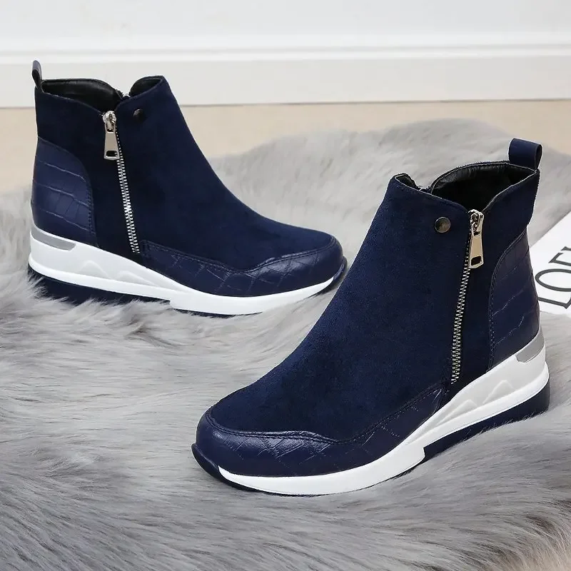 Botas femininas da moda inverno alta superior sapatos de plataforma cunha lado zíper estilo inverno pelúcia quente botas exteriores