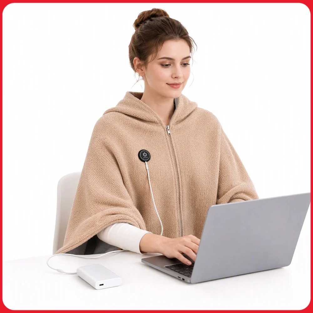 Electric Heating Poncho Cape USB Heated Shawl Blanket 3 Levels Zipper Soft Plush Knit Outer Washable