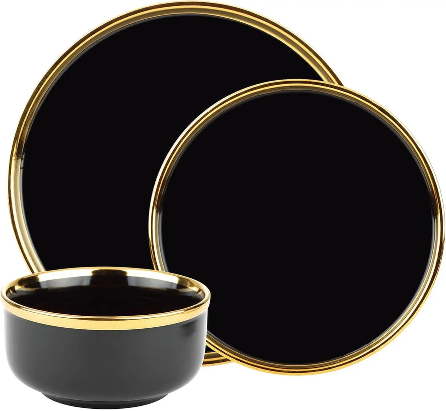

Dinnerware Set, Dinner Plate, Salad/Appetizer Plate and Soup/Cereal Bowl, 12 Piece Set, Black and Gold, Stoneware