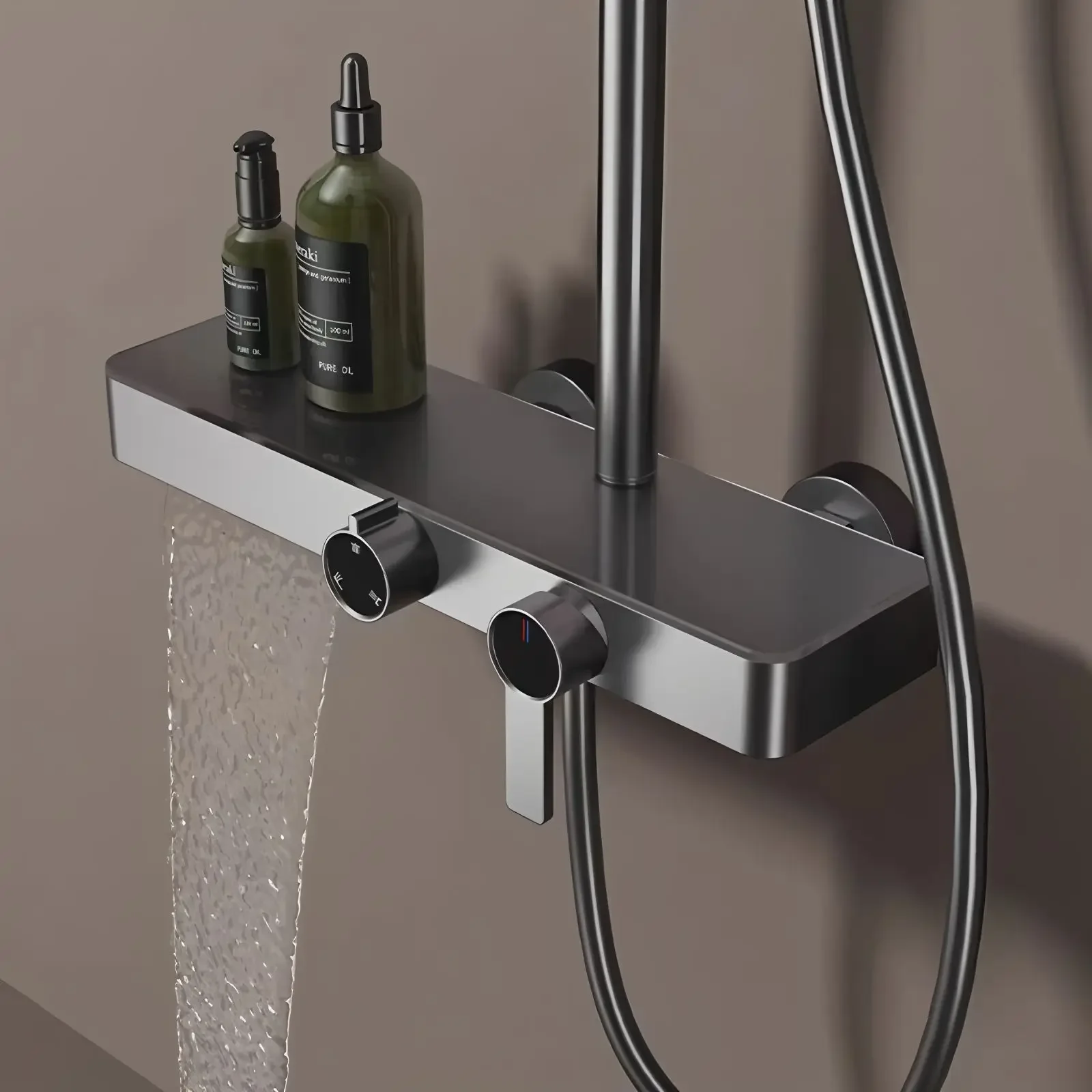 #Rain Shower Head Set, Waterfall Spout, 2 in 1 Shower Shelf, Cold and Hot, Brass Brushed Gold, Bathroom Fixture view 5