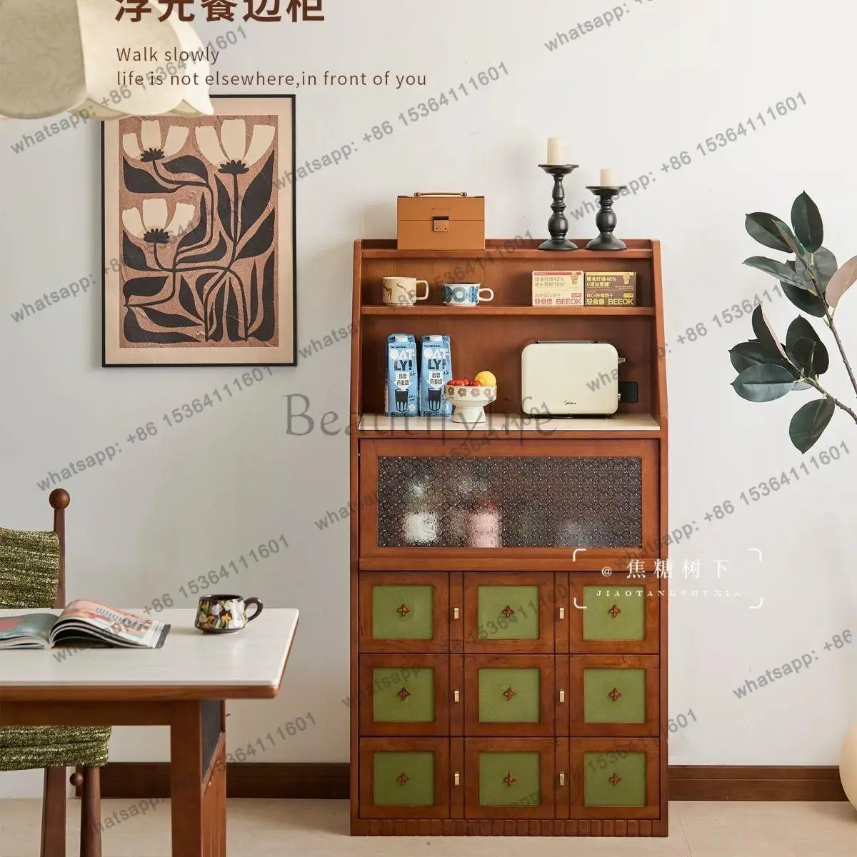 LS  Contrasting Color Solid Wood Dining Side Cabinet Living Room Coffee Small Apartment Medium and Ancient Style Display Locker
