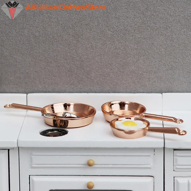 ⭐ 핫 ❗   3개 세트 1/12 인형집 미니어처 프라이팬 캐서롤 금속 조리기구 주방 모델 장식 장난감 인형집 액세서리