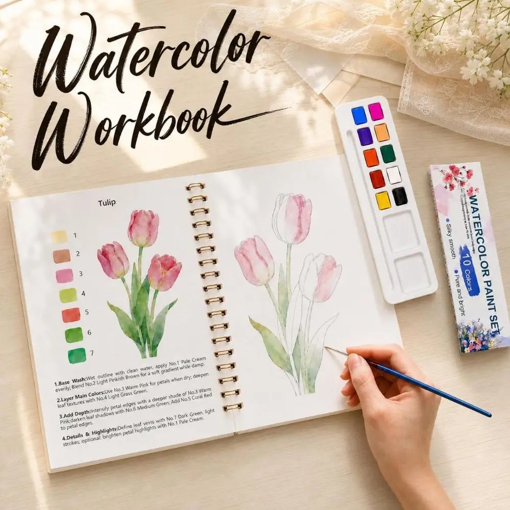 200GSM Watercolor Workbook Spiral-Bound Flower Scenery Animal Watercolor Painting Book Multiple Styles Thickened