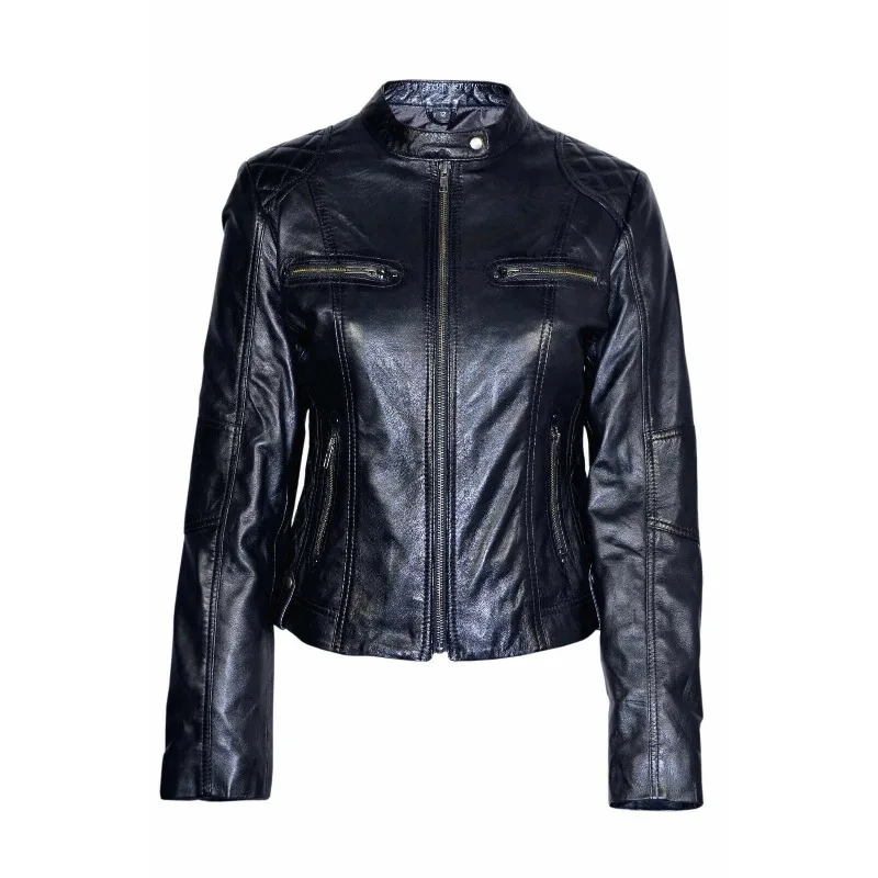 

Women's Sheepskin Leather Jacket Biker Black Slim Fit Casual High Quality Coat