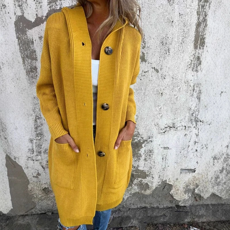 

Knit Cardigan Women Long Coat Full Sleeve Coats Hooded Single Breasted Solid Sweaters Casual Thick Pockets Office Lady