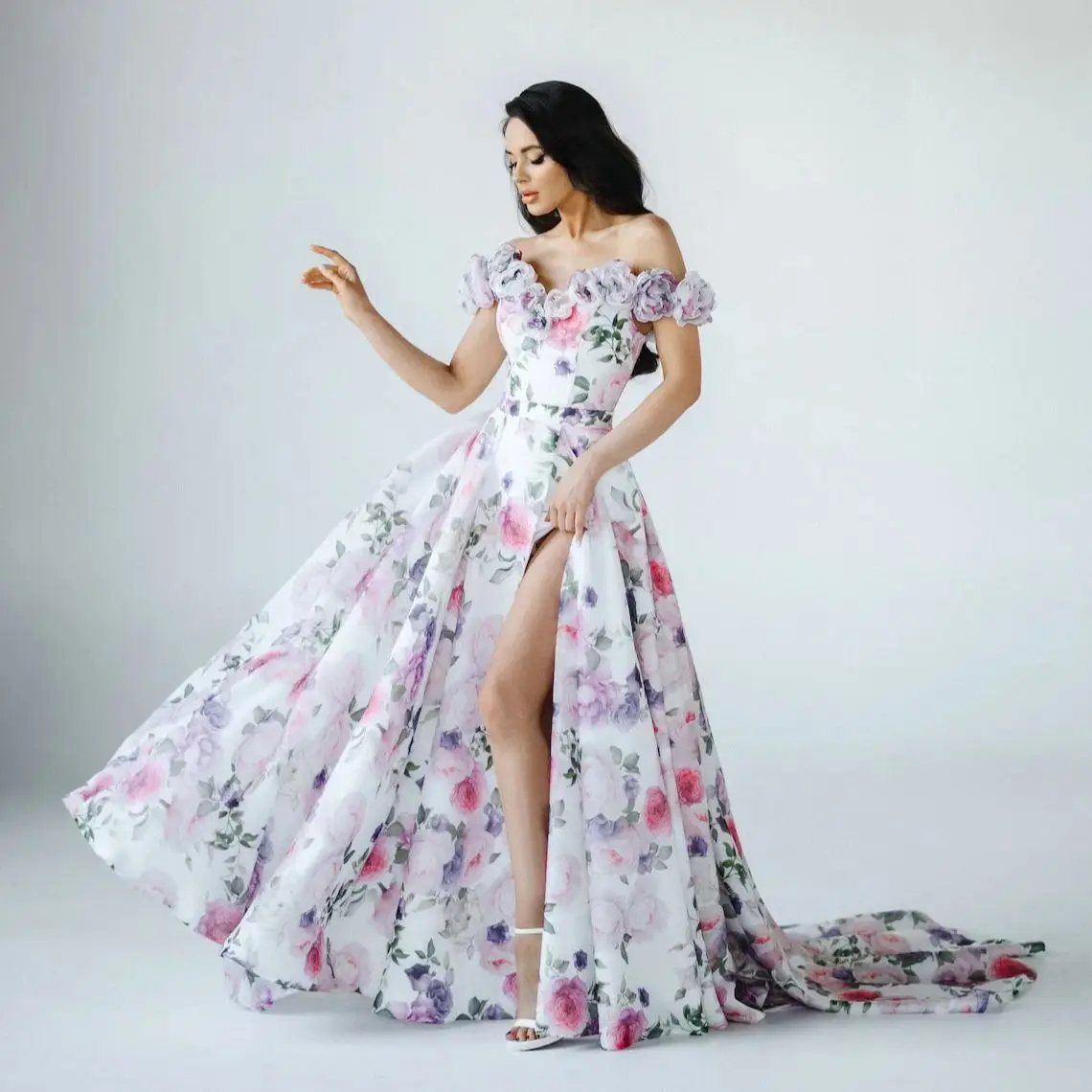 Off Shoulder A Line Evening Dresses Floral Printed Applique Women Prom Gowns Vintage Floor Length Customized Wedding Party Gowns