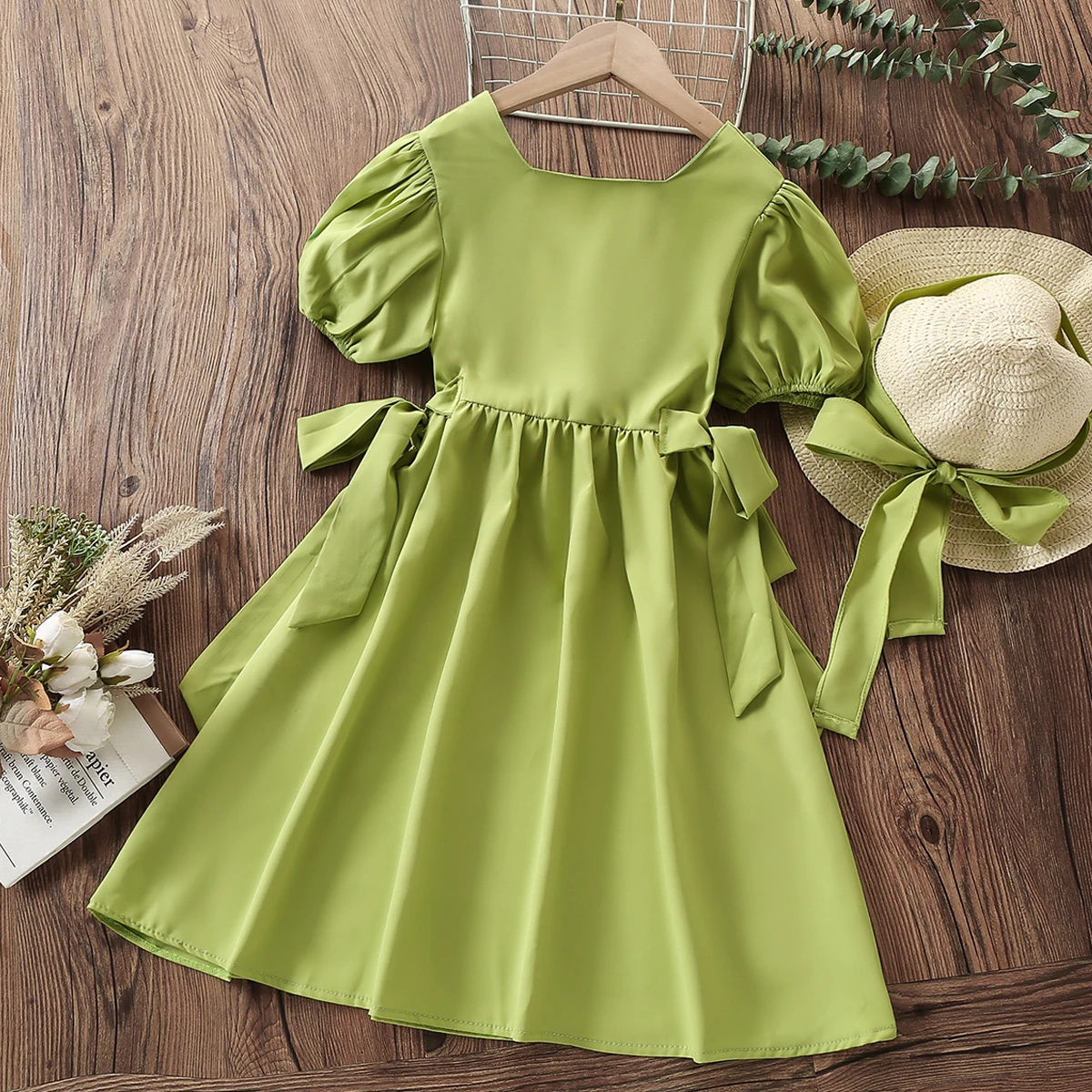 Kids Green Short Sleeve Dresses for Girls Princess Dress with Hat Baby Outfits Summer Children Costumes 4 5 6 7 8 9 10 12 Years