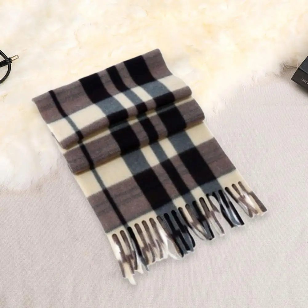 Tassel Decor Scarf Plaid Print Tassel Winter Scarf for Unisex Thick Warm Double sided Plush Long Wide Neck for Ladies