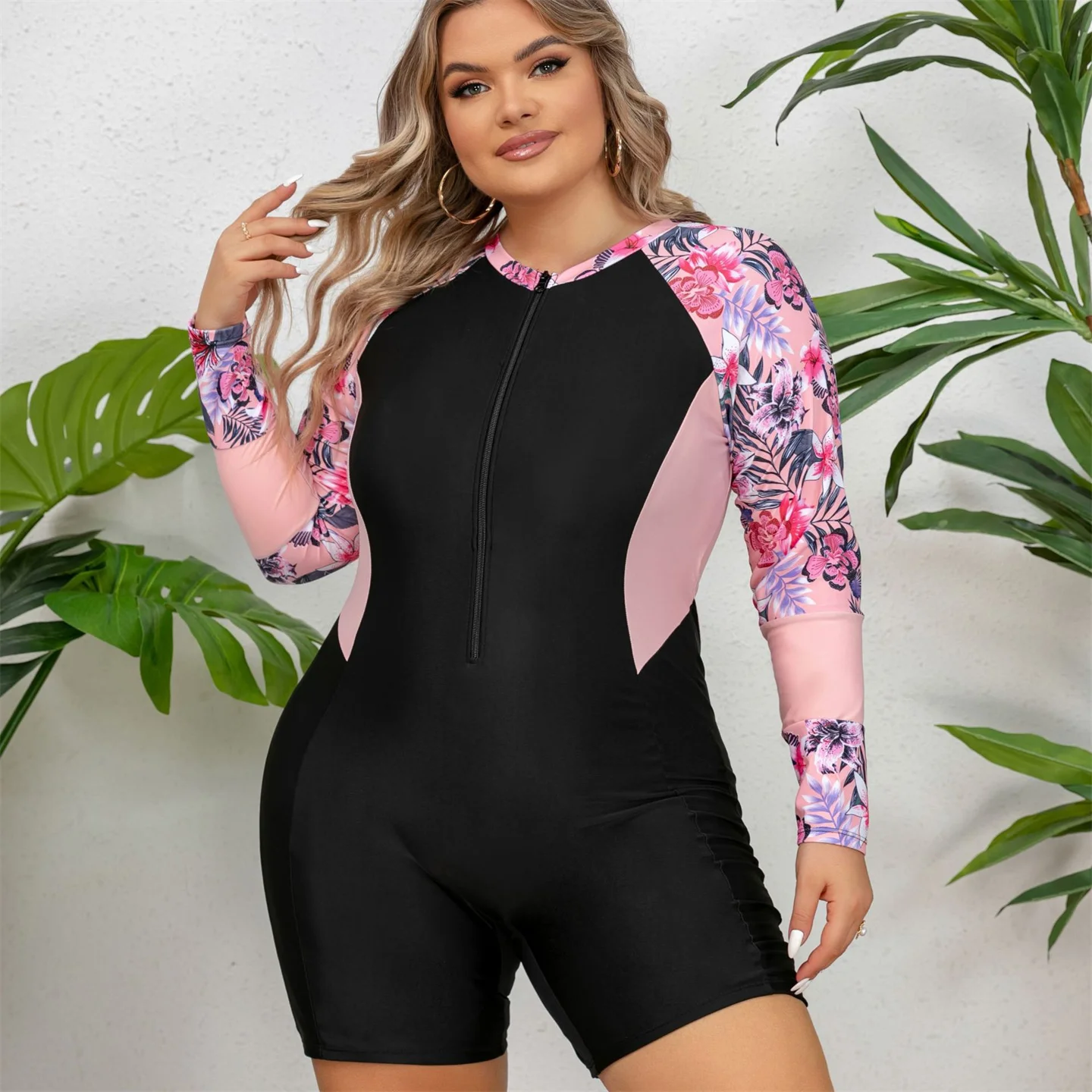 Large Size One Piece Zippered Sports Swimsuit Women's Long Sleeved Surfing And Surfing Suit Flat Angle Jellyfish Jacket