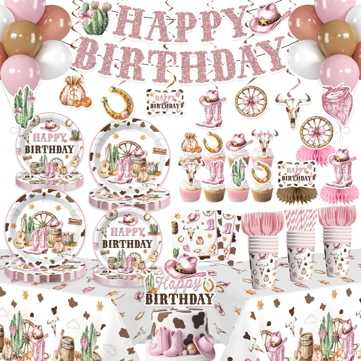 

Набор для вечеринки в стиле вестерн для девочек, 351 предмет: тарелки, салфетки, топпер для торта, баннер и скатерть для мероприятий в розовой тематике