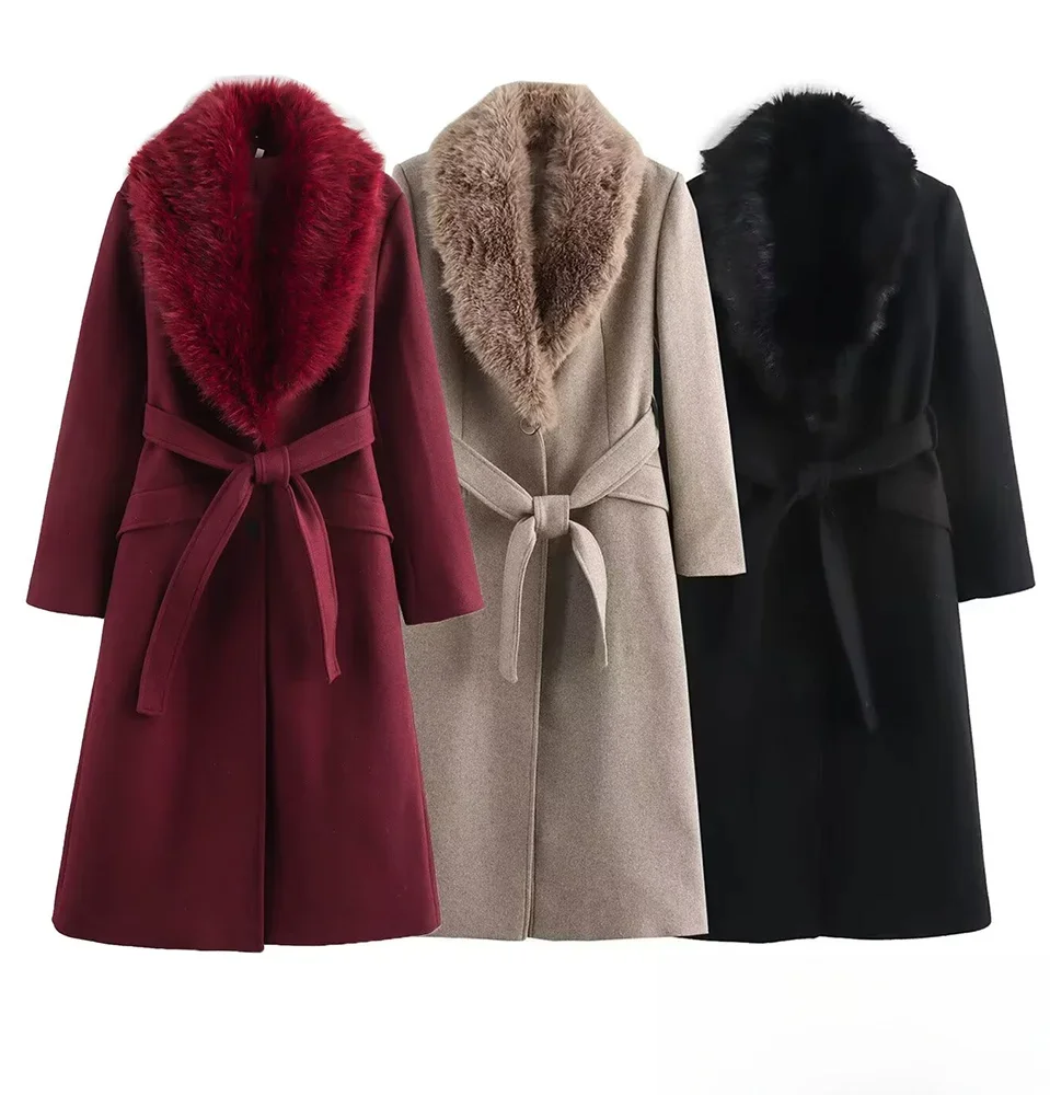 

KONDALA женское винтажное элегантное длинное пальто с меховыми лацканами на подкладке и шнуровкой, новинка 2025, осенне-зимнее модное уличное пальто