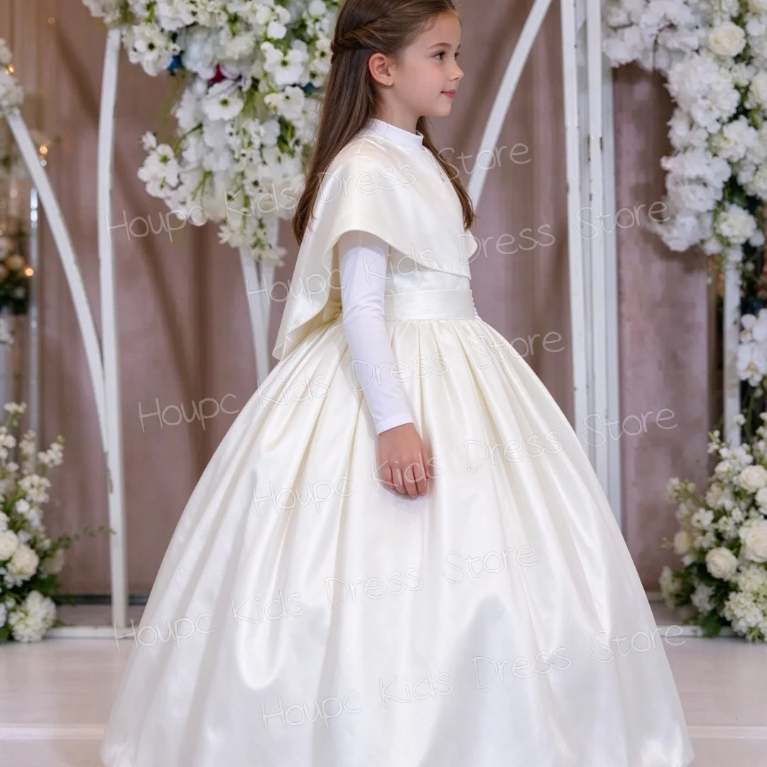 Girls White Satin Dress Long Sleeve High Neck Pleated Skirt A-Line Maxi Gown Kids Flower Girl Wedding Party Formal Vestidos
