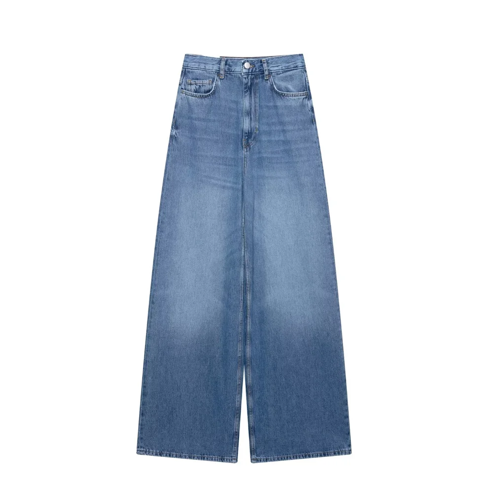 GELITAYIN Women's High Waist Wide Leg Jeans Solid Color Pocket Decoration Spring/Summer New Product Women's Wear