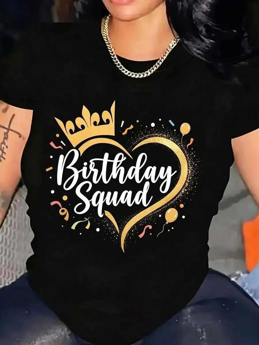 Birthday Squad Women T Shirt Golden Heart Crown Graphic Printed Summer Tops Matching Group Pack Bday Party Outfits Casual Black Short Sleeve Tees