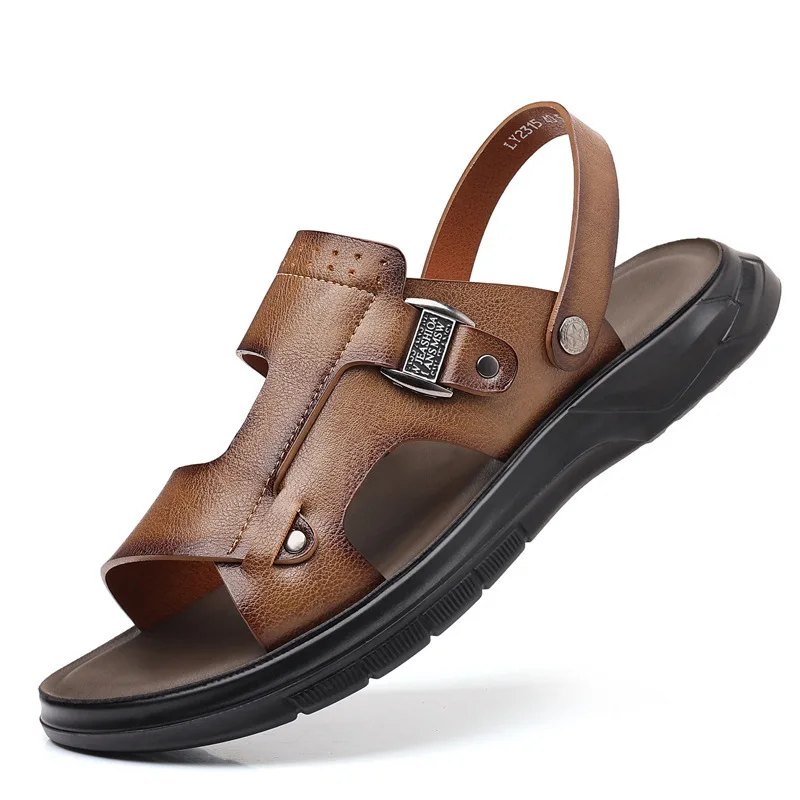 

2026 New Summer Soft-soled Beach Shoes For Men Solid Color Fashion Leather Sandals Male Hallow Two Designer Roman Sandals Man