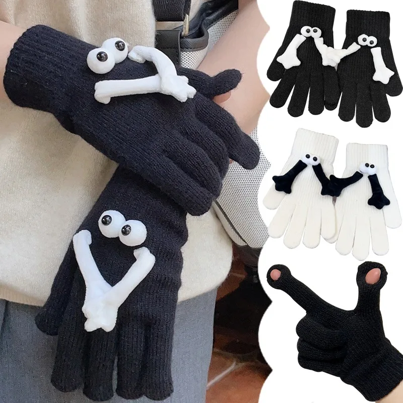 Cute Creative Cartoon Hand In Hand Gloves Magnet Knitted Holding Couple Elastic Slip-on Funny Big Eye Full Finger Winter Mittens