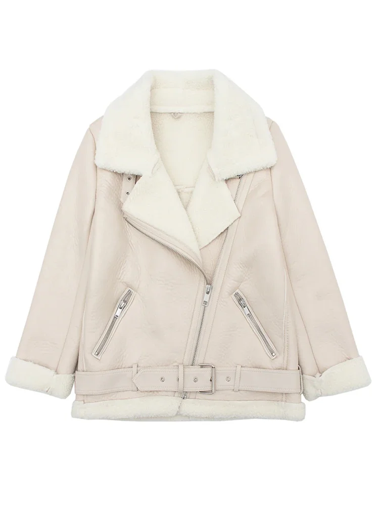 Ailegogo-Chaqueta de piel de cordero para mujer, abrigo de piel sintética con cuello vuelto, cremallera gruesa y cálida con cinturón