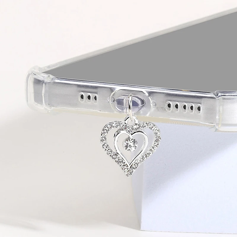 Shiny Heart Shape Diamond Mobile Phone Charging Port Dust Plug DIY Dust-Proof Charger Port Plug Protector