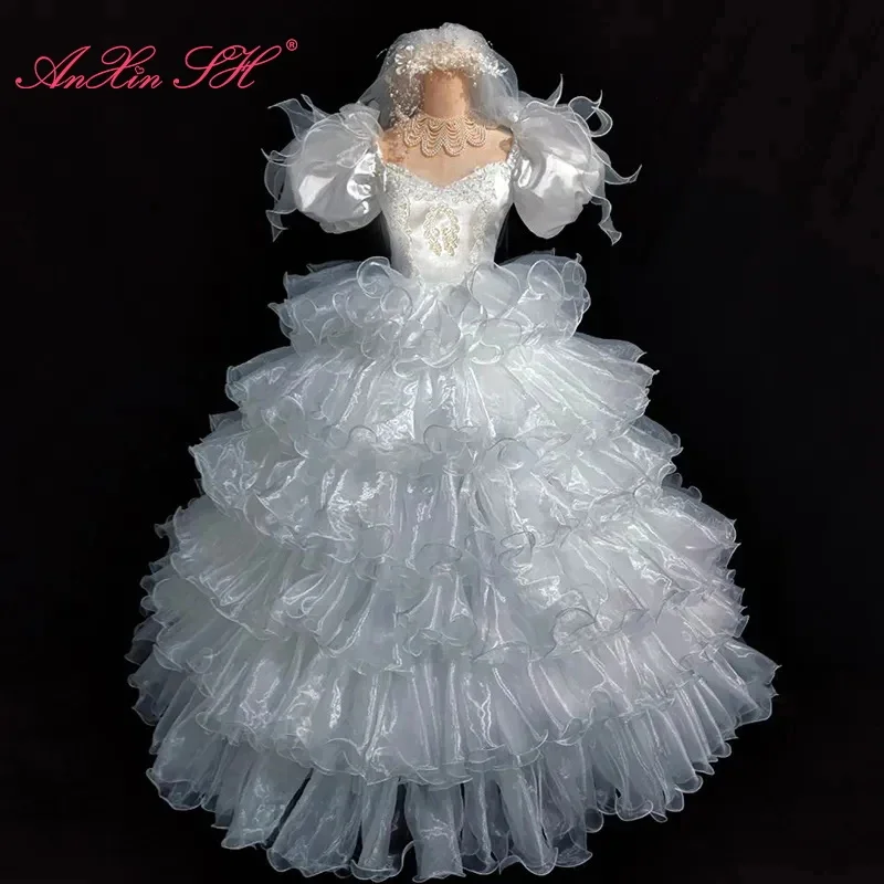 

AnXin SH vintage princess white lace ruffles sweetheart puff short sleeve bow ball gown lace up customized wedding dress