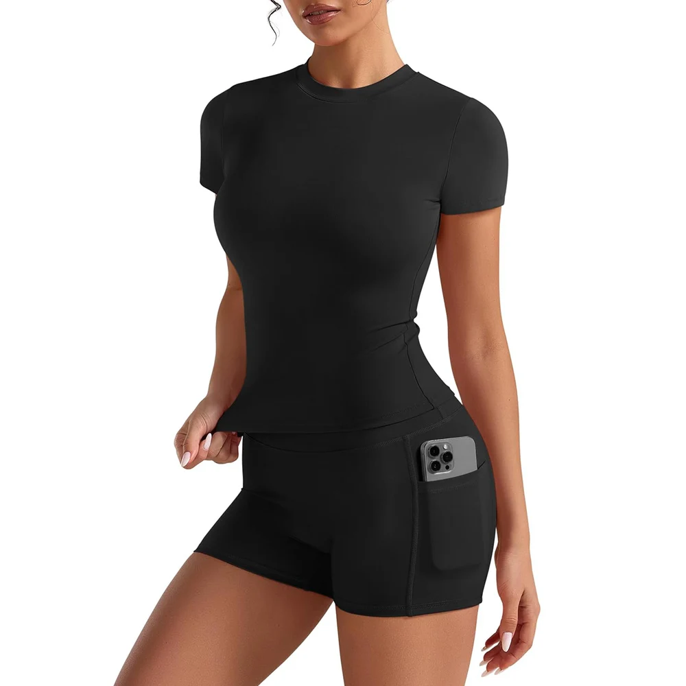 2 Piece Summer Women Workout Sets Short Sleeve T-Shirt High Waist Scrunch Butt Booty Shorts Slim Fit Pockets Yoga Outfits