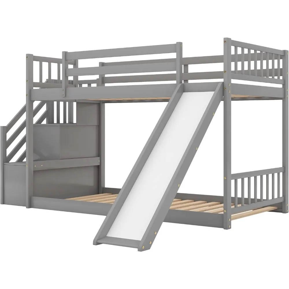 Twin Over Twin Bunk Bed dengan Slide dan untuk penyimpanan tangga untuk remaja, anak laki-laki atau perempuan, tanpa Box Sping diperlukan