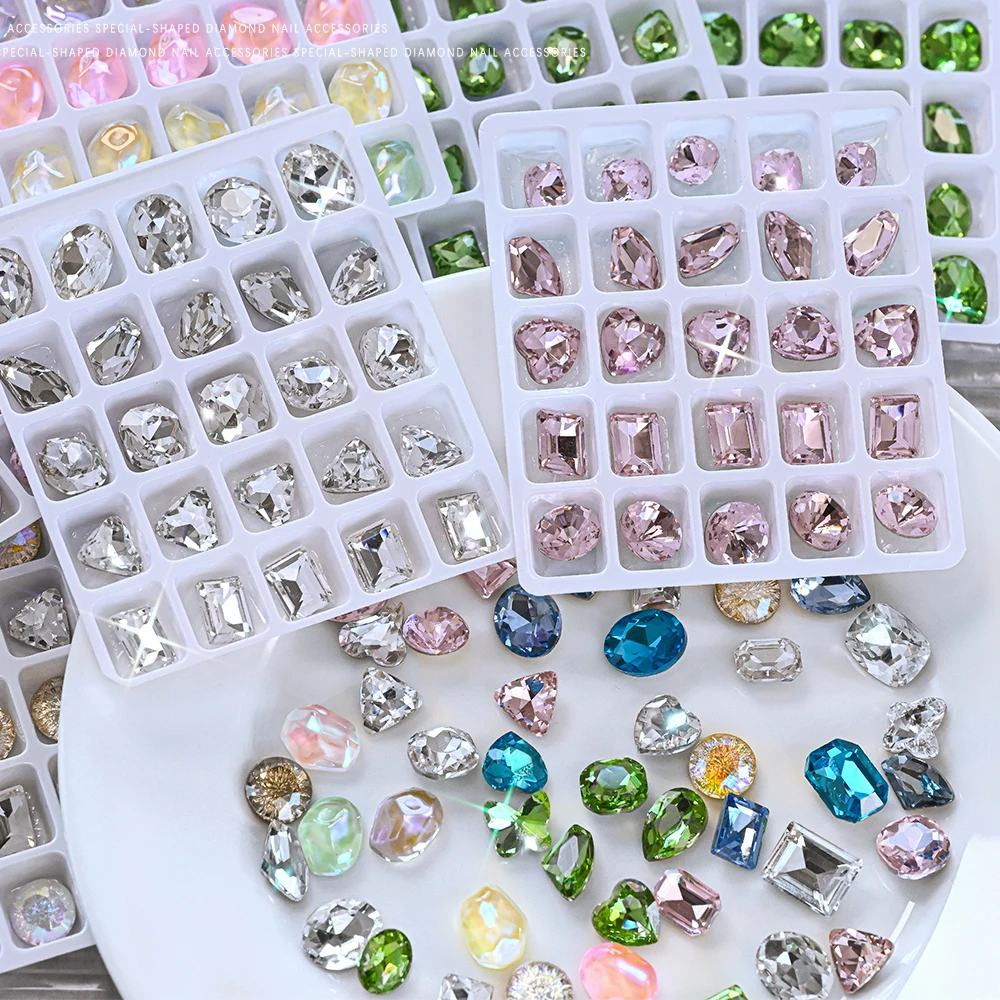 25 กริดผสมไม่สม่ําเสมอ K9 เล็บ Rhinestone Aurora/สีชมพู/สีฟ้า/สีเขียวหัวใจรูปไข่น้ํา-DROP Shape เล็บ Charms อัญมณี DIY เล็บอัญมณี