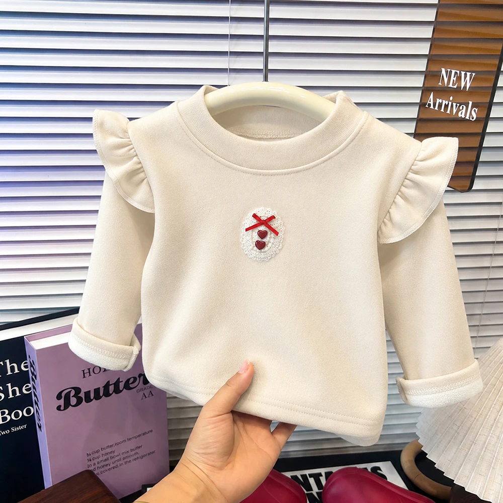 1-6T Winter Blouse for Girls Warm Shirt for Girl Fleece Padded Kids T-shirts Bow Lace Kids Undershirt Children Clothes