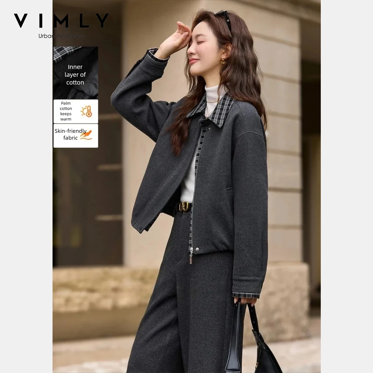VIMLY Cappotti da donna 2025 Inverno Retro Falso in due pezzi Colletto corto con risvolto Plaid Splice Giacca Allentata Dritto Abiti femminili A3310