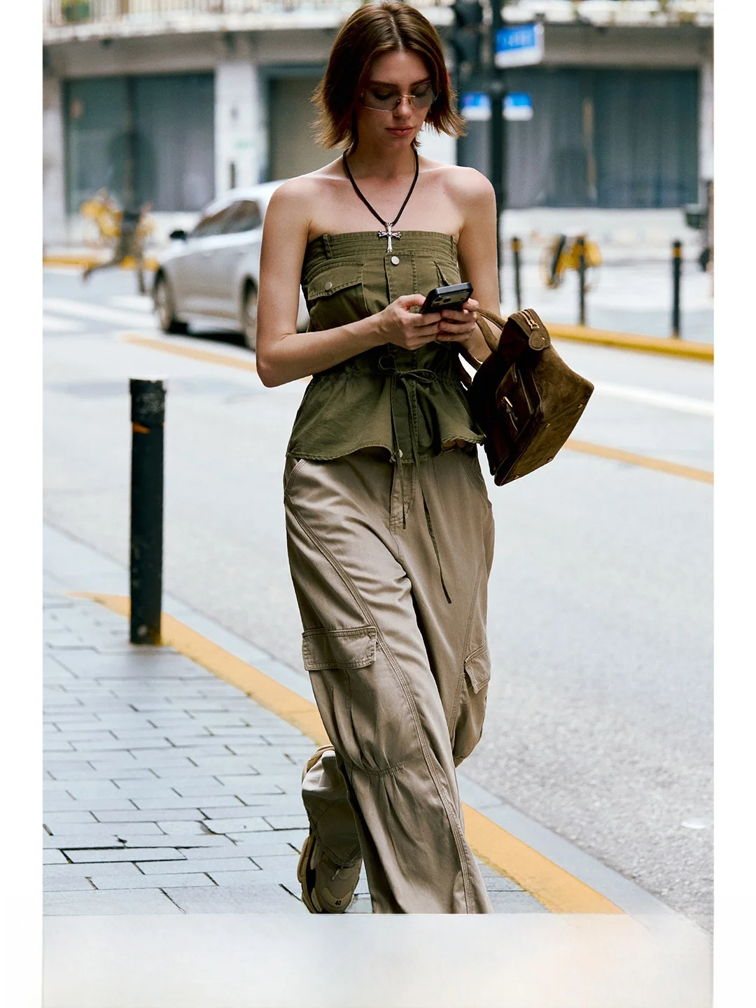 Luna7xi High Street Workwear Style Women's Design Sense Sleeveless Belted Slimming Short Vest Cotton H-Line Casual Top