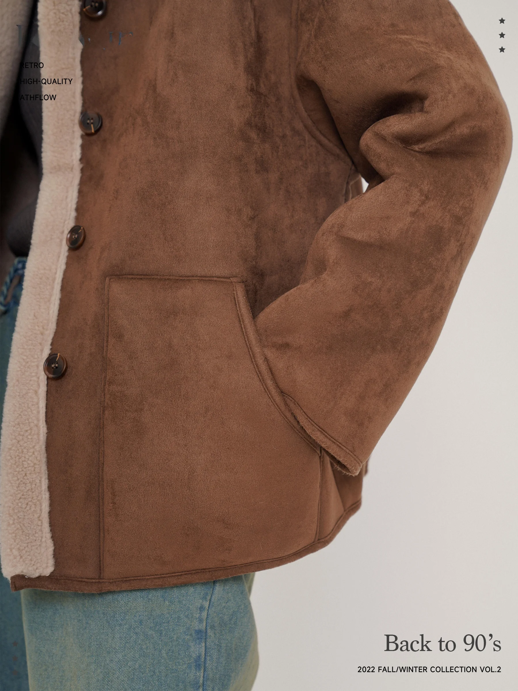 Botanique ブラウンベアスエードジャケットショート女性の秋冬厚みのある新  ポリエステルウールブレンドファッションアウター