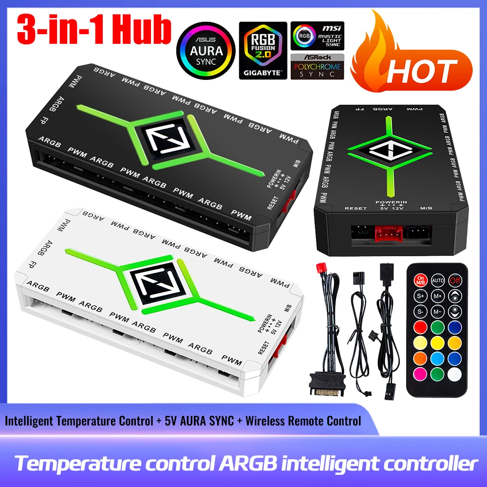 1 To 9 Port ARGB PWM Fan Hub Adapter With ARGB Controller 5V 3 Pin Cooling Fan Hub Splitter PWM Magnetic Suction Hub for PC Case