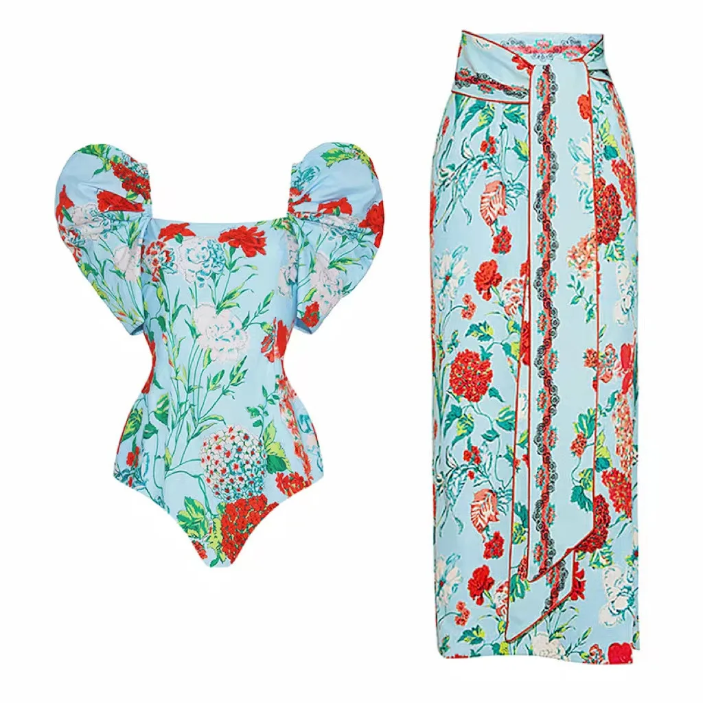 One Piece Swimsuit For Women One-Piece Swimsuit Bubble Sleeve Vintage Flower Print Swimsuit Suit Women