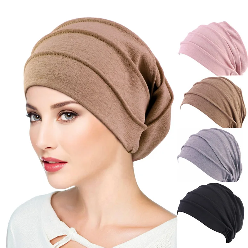 Women Solid Color Elastic Turban Hat, Slouch Beanie Chemo Cap Inner Hijab Head Wrap Daily Headwear