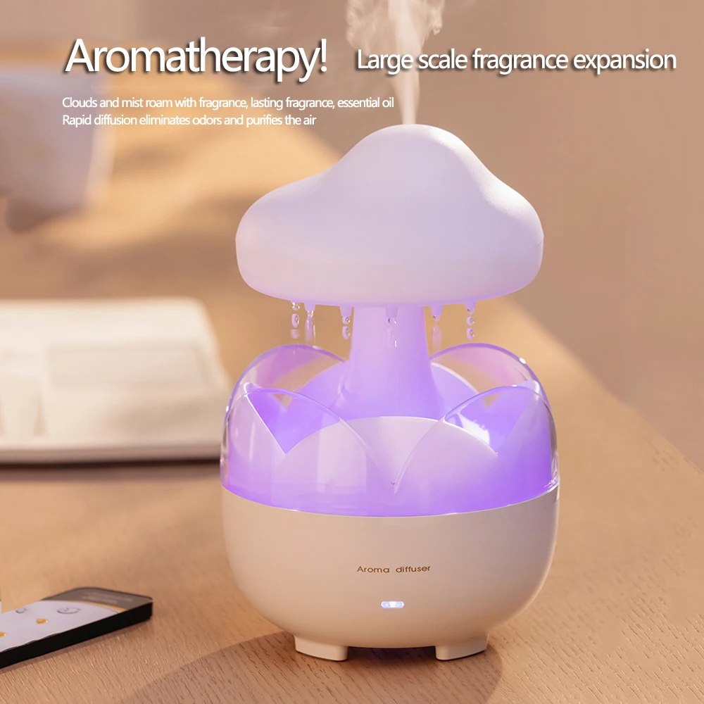 Mushroom Raindrop Air Humidifier Electric Aroma Diffuser Colorful Night Lights Rain Cloud Smell Distributor with Remote Control