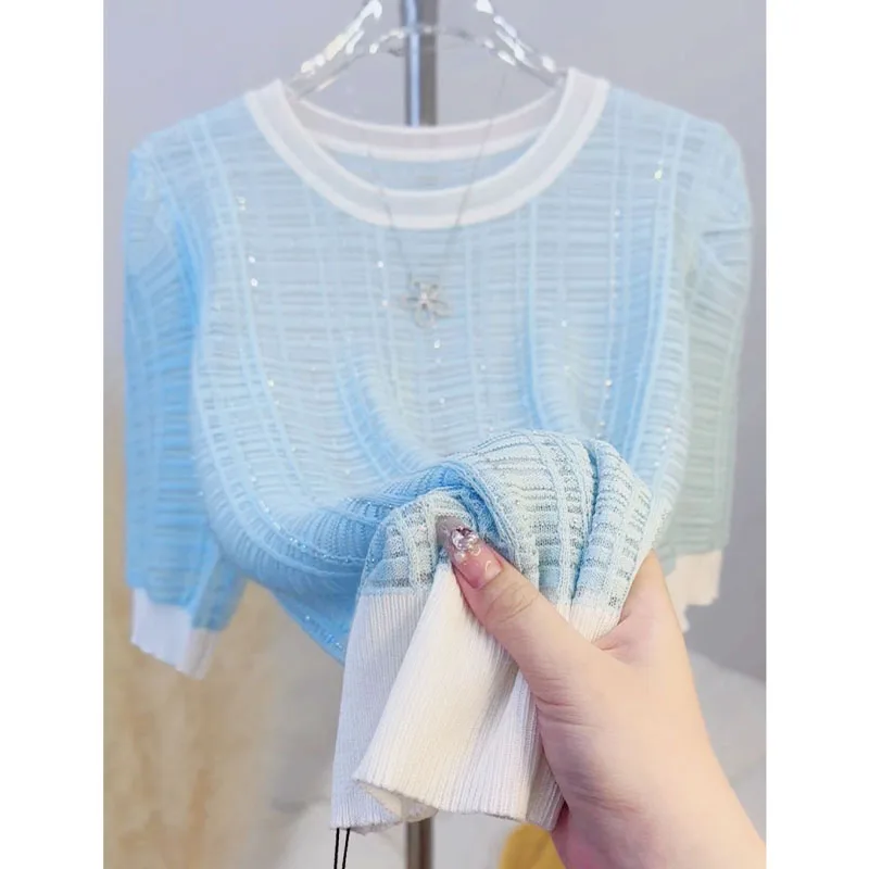 

Круглая трикотажная футболка из ледяного шелка Thin ort Sve для похудения, модный летний топ, женская футболка с блестящими бриллиантами...