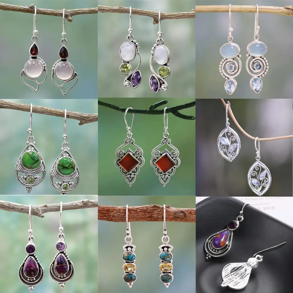 Women Natural Charm Multi-Gemstone Rainbow Moonstone & Peridot & Amethyst & Turquoise Pendant Earrings Vintage Jewelry