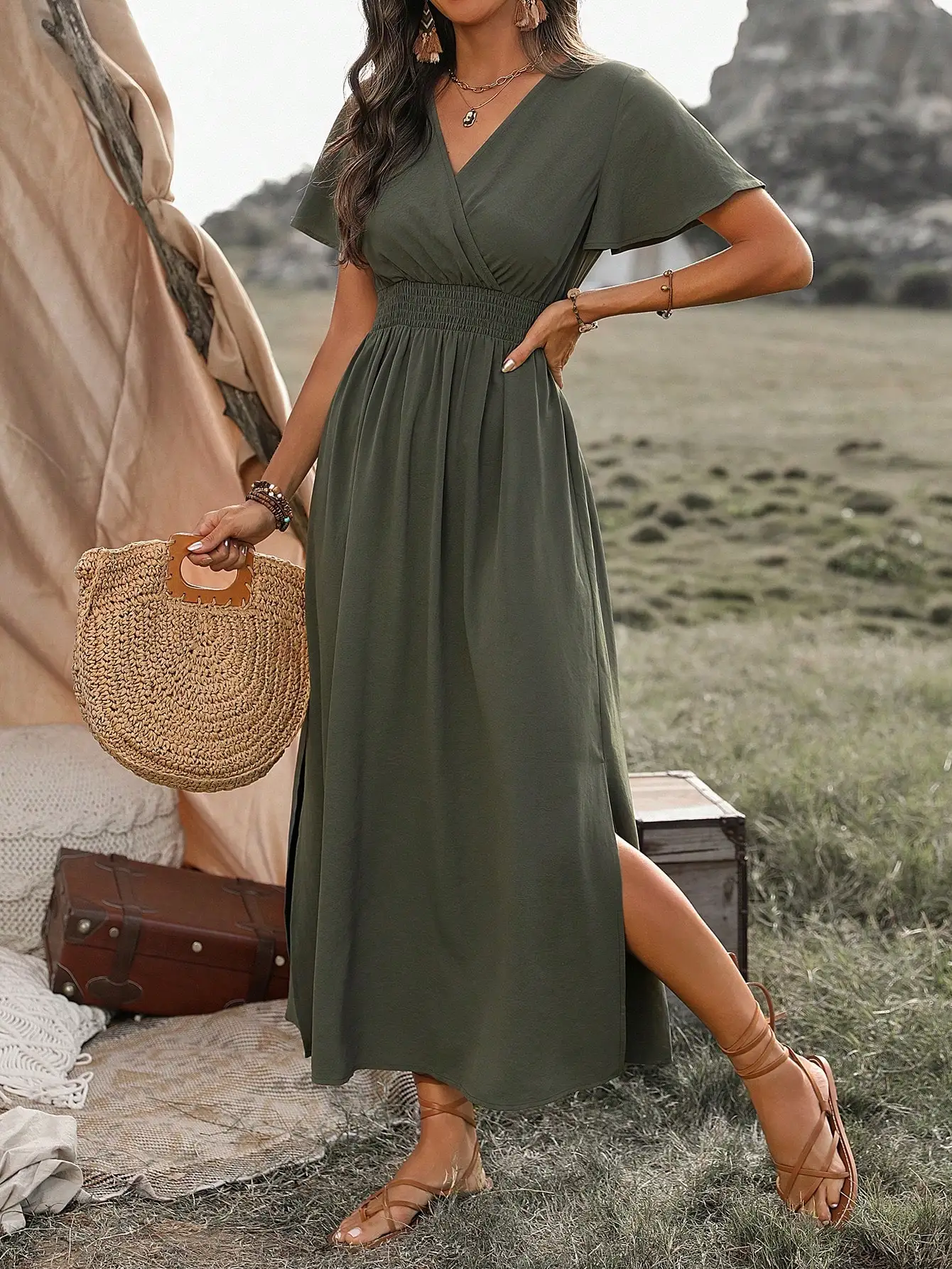 

Olive Green V-Neck Shirred Waist A-Line Maxi Dress with Side Slit